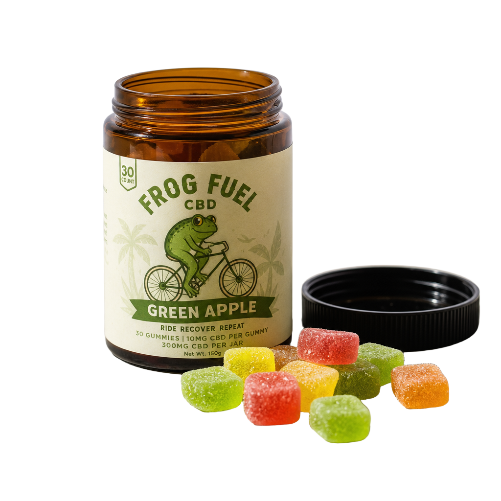 Jar of Cycling Frog Gummies with green apple hemp gummies spilling out