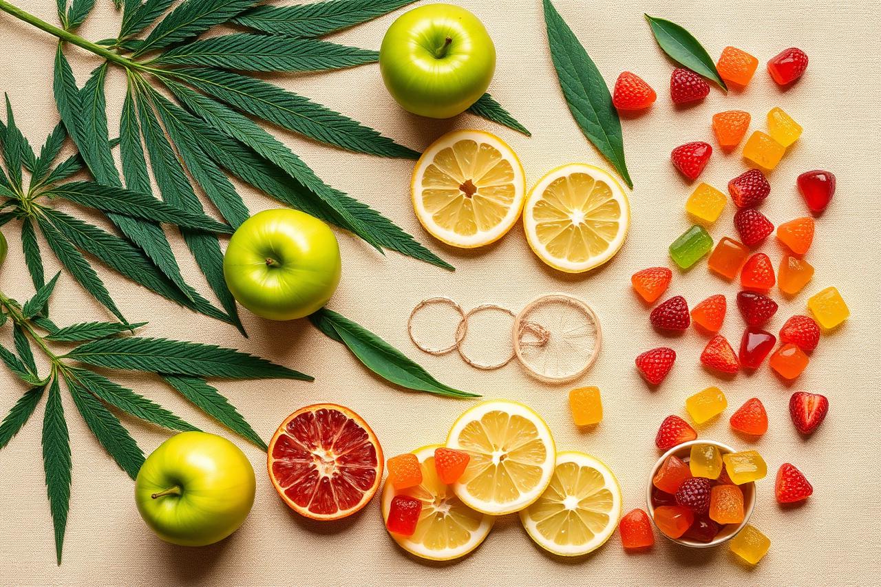 Hemp leaves, green apples, citrus and fruit gummies laid out on linen