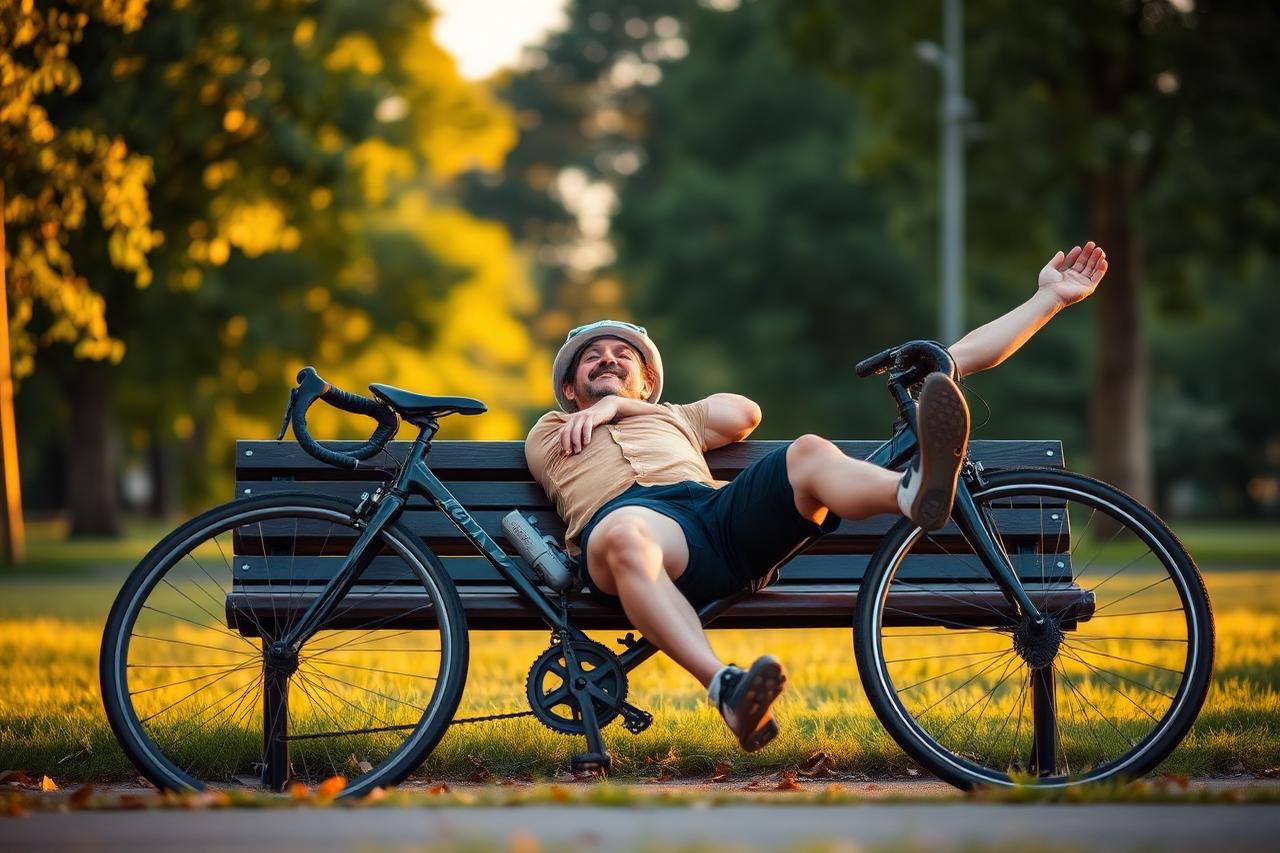A relaxed cyclist resting beside a bicycle at golden hour